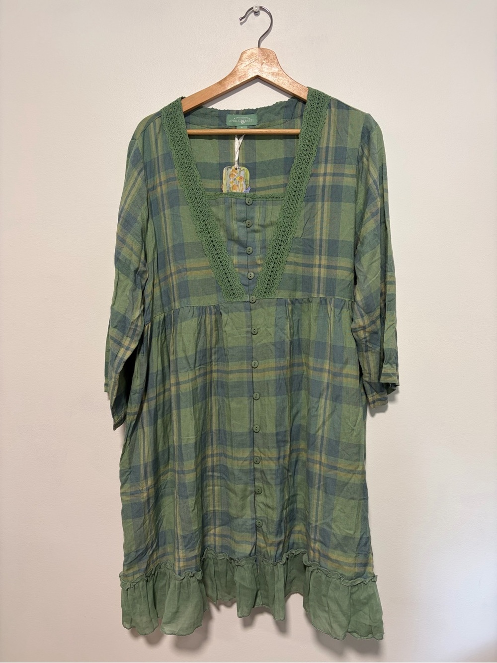 April Cornell Sage River Plaid Cotton Crochet Lace Tunic Boho Cottagecore XL